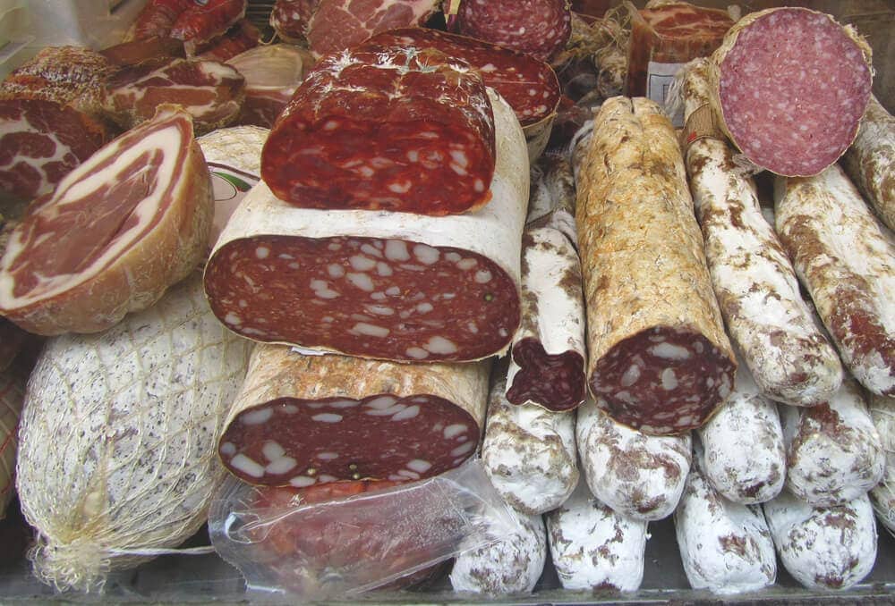 Fermented meat in deli store window
