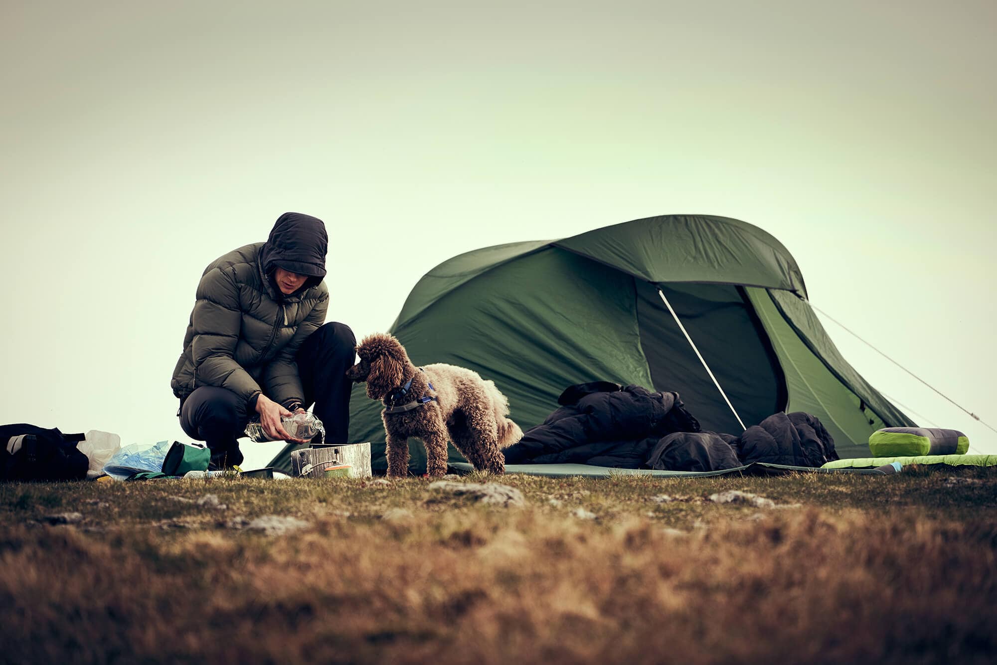 Hiker and canine companion getting tent warm and ready in winter camping location