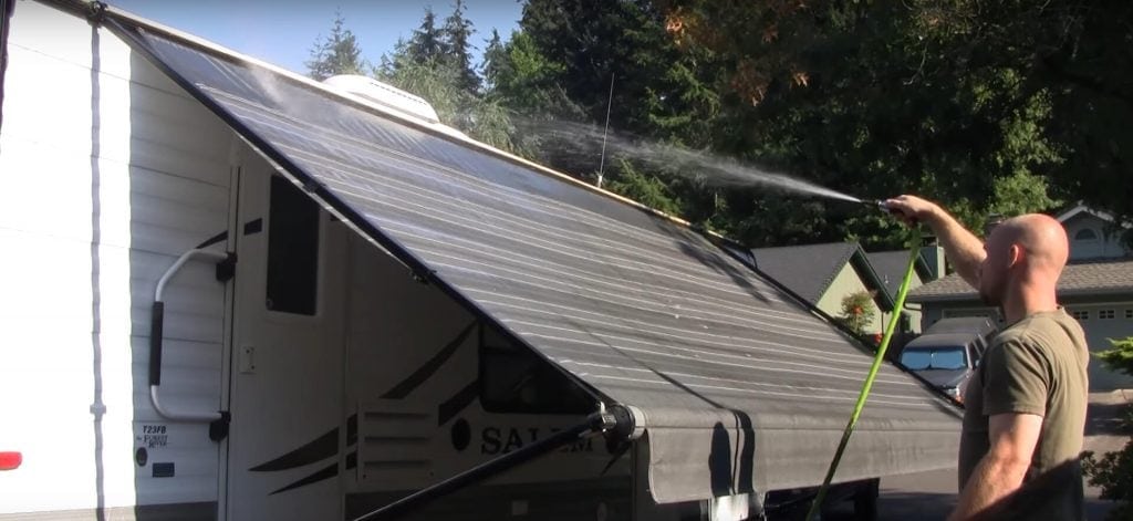 Hosing all over top to bottom of camper caravan awning