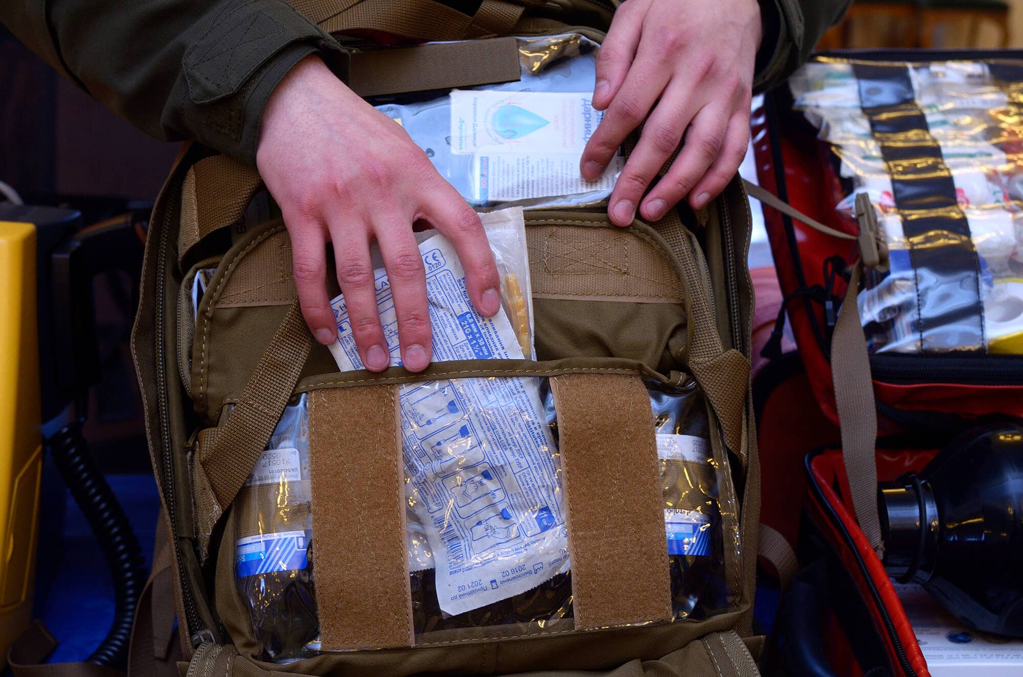 Medic packing backpack with supplies with lots of pockets