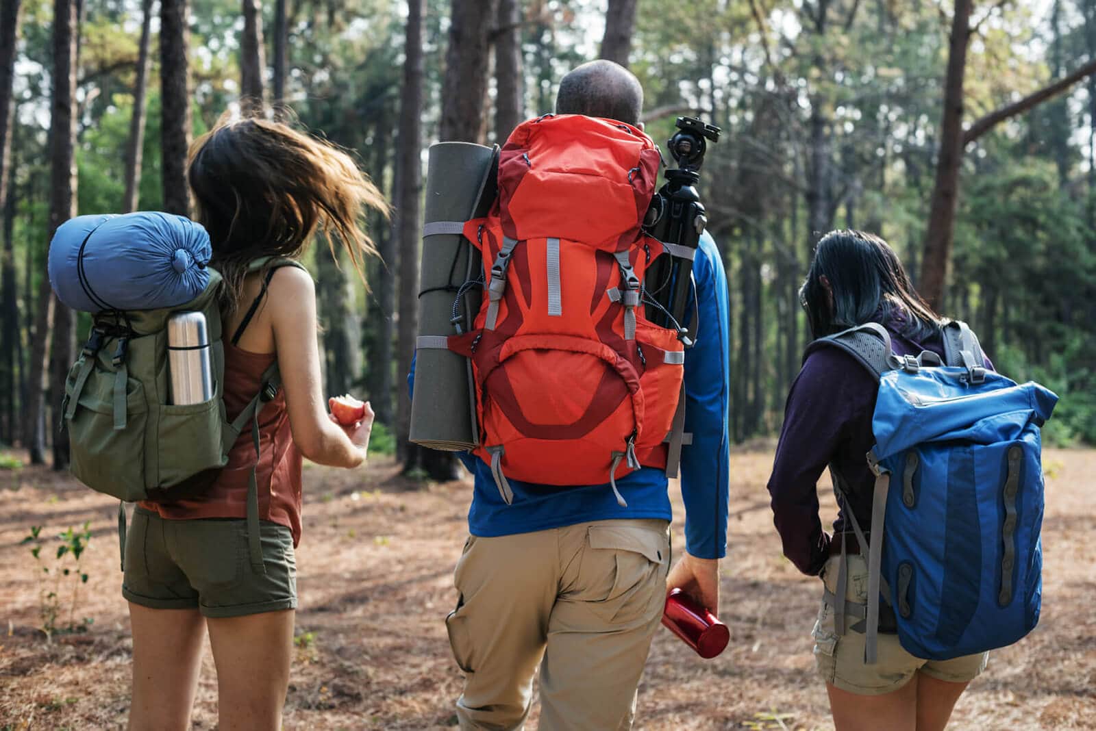 A group of three campers walking with backpacks gear